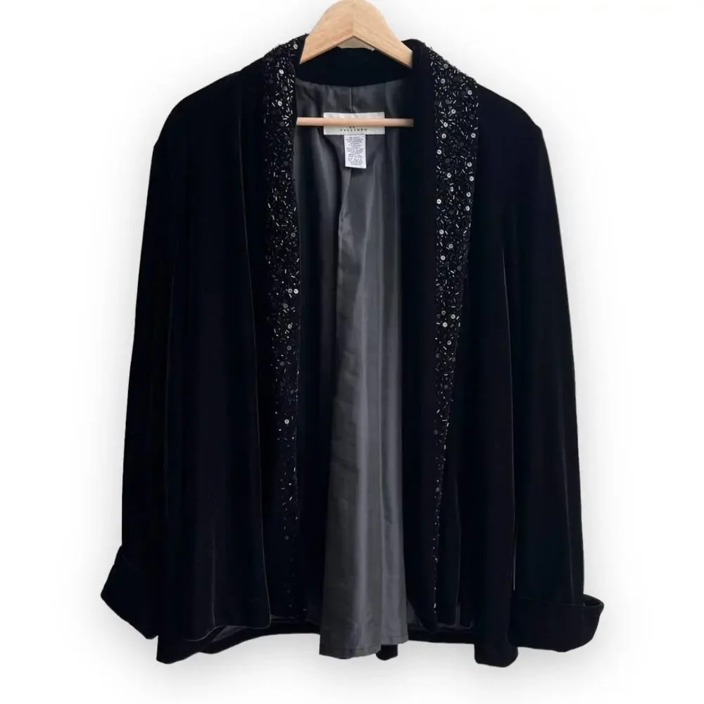 Vintage 90s Black Velvet Beaded Draped Blazer Jacket Womens L Long Sleeve